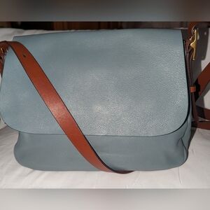 Fossil Large Harper Flap Slate Blue and Tan Crossbody Bag